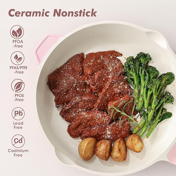SENSARTE Nonstick Skillet with Lid 12-inch, 5QT Ceramic Deep Frying Pan, Non Toxic Saute Pan with Lid, Stay-cool Handle, Healthy Cooking Pot, Induction Compatible, Sakura Pink