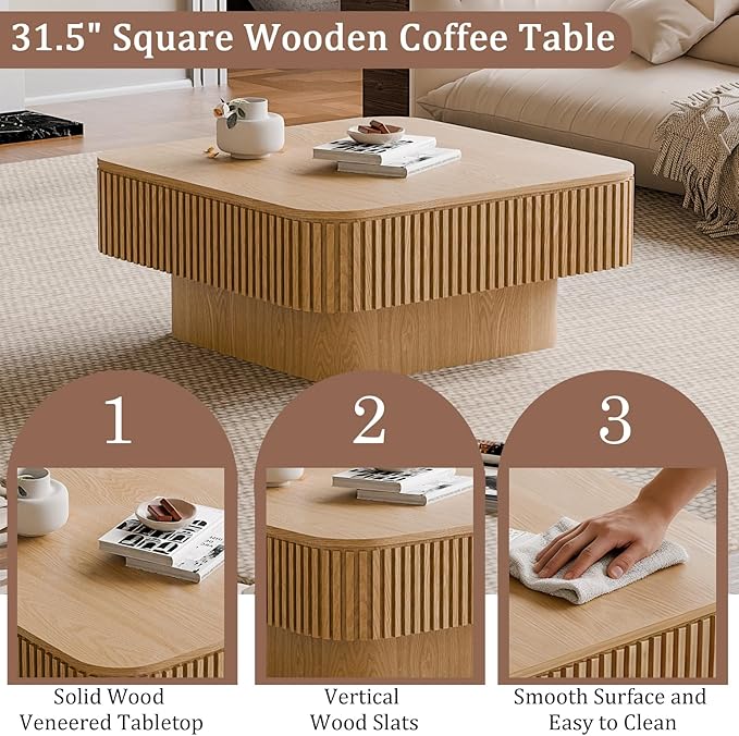 31.5" Square Coffee Table with Hidden Storage Compartment, Modern Handcraft Fluted Drum Coffee Table,Wooden Square Center Table Cocktail Tea Table with Sturdy Pedestal for Living Room,Natural