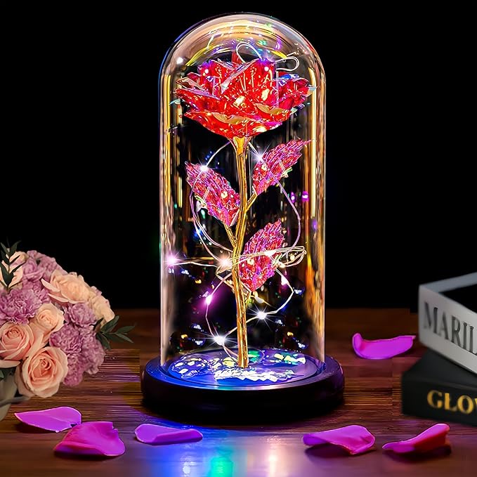 Christmas Rose Gifts for Women Mom, Womens Gifts for Christmas, Glass Flower Gifts for Sister, Rose Enchanted Crystal Flower Gift Light Up in Glass Dome,Birthday Gift for Women Wife Red