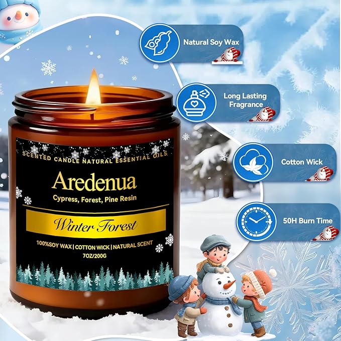Winter Candles – Winter Forest Candle | Holiday Soy Candles for Home Scented - Cedarwood Evergreen Christmas Candle | Holiday Christmas Gifts for Women Men - 7oz Jar with 50H Clean Burn & Long Lasting