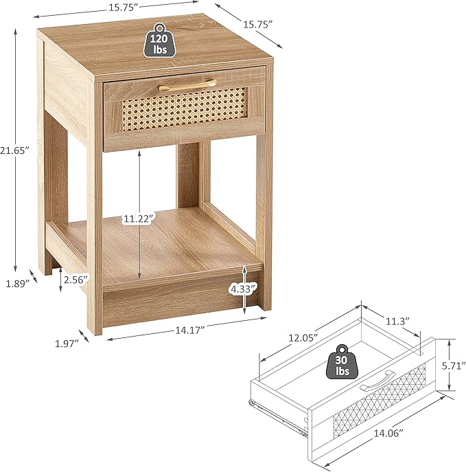 Rattan Nightstand - Wooden Boho End Table with Storage Drawer and Opening Shelf, Bedside Tables Bed Side Table Accent Table for Living Room, Bedroom Small Space