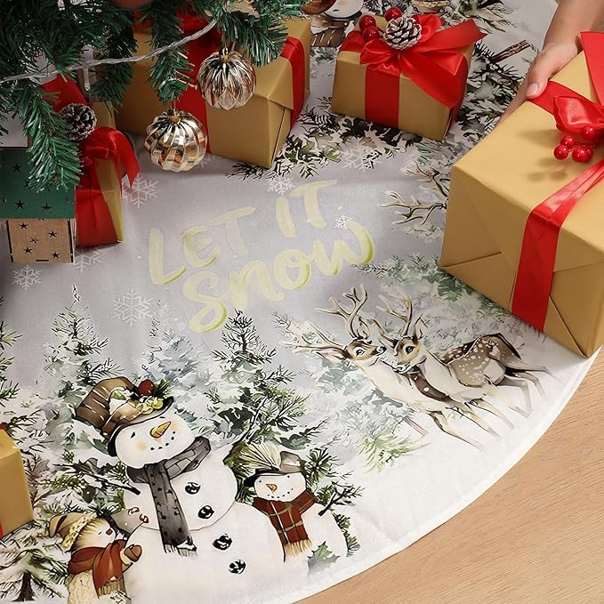Christmas Tree Skirt 48 Inch, Snowman and Reindeer Design, Thick Flannel Fabric, Rustic Farmhouse Xmas Tree Skirt for Holiday Christmas Decorations