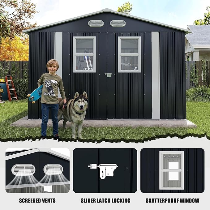 KEIKI 8x8 Metal Storage Shed with Protective Film, Four Daylight Windows, Lockable Doors, Heavy-Duty Color Steel Outdoor Storage Shed for Backyard Garden, Sheds & Outdoor Storage, Dark Gray