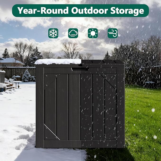 Outdoor Storage Box, 30 Gallon Deck Box Outdoor Storage Bench Outside Waterproof Resin Storage Bench, Lockable Patio Cushions, Garden Tools Storage For Furniture, UV Resistant (Black)