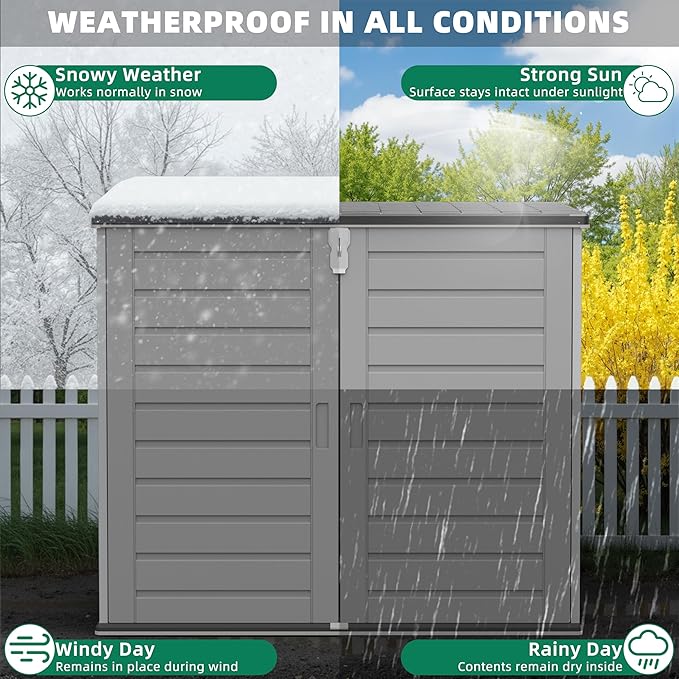 Horizontal Outdoor Trash Can Storage Shed, 304 Gallon Resin Garbage Can Storage Shed with Lockable Doors & Lift Lid, Waterproof Bin Shed for Backyard, Patio & Garden (Gray)