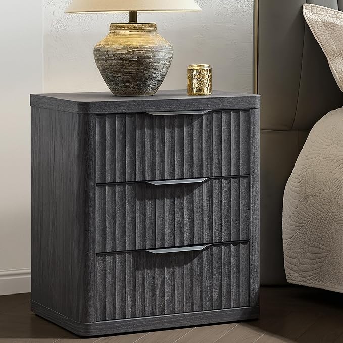 SICOTAS Night Stand Set of 2 Nightstands with 3 Drawers Storage Bedside Table Large Fluted Bed Side End Table Modern 25.6" Tall Wide Night Stands for Bedroom Living Room Sofa Couch Office