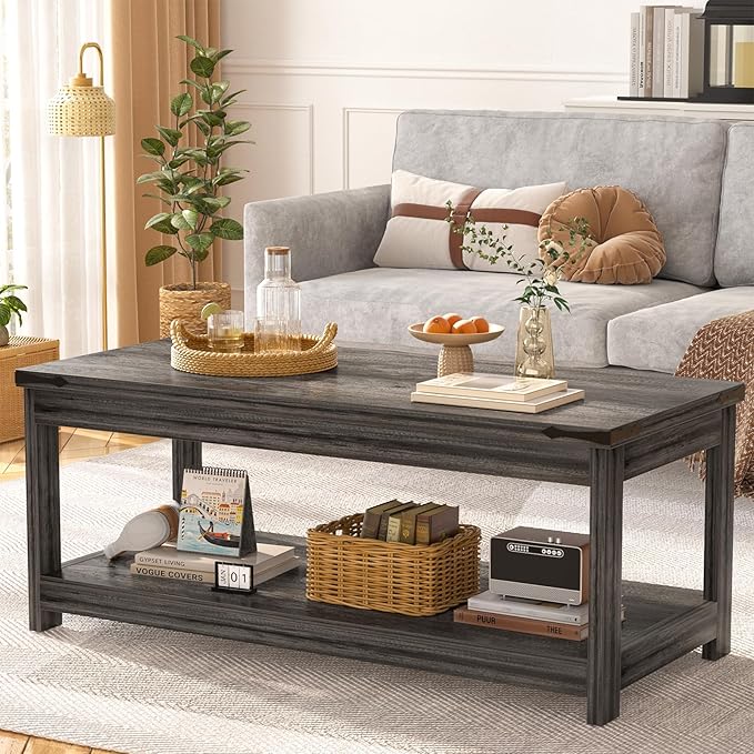 Homieasy Coffee Table with Storage Shelf, 43.3” Farmhouse Wood Coffee Tables for Living Room, Modern Center Tea Table, Grey