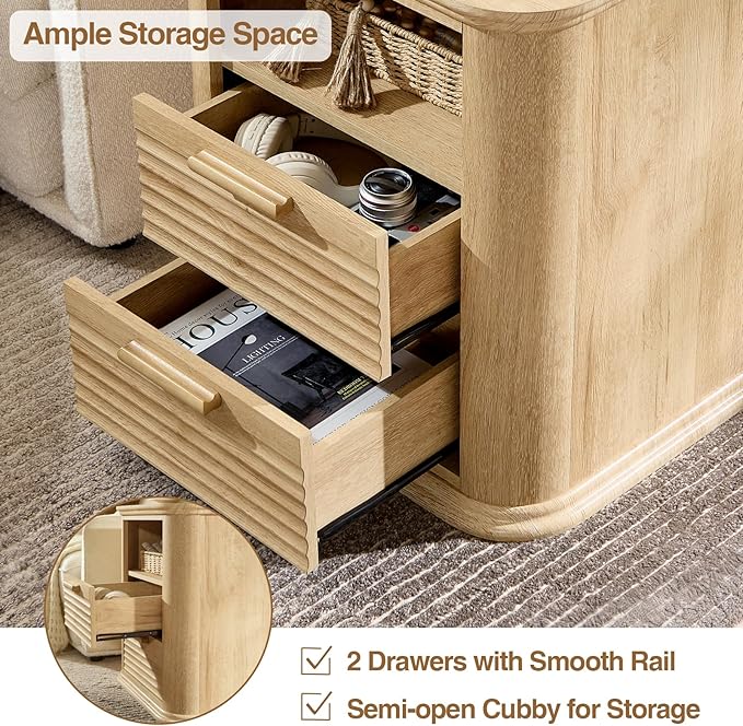Okvnbjk 22" Fluted Night Stand with Charging Station, Modern End Table with 2 Drawers & Open Storage, Stylish Bedside Table for Living Room, Bedroom, Side Tables Curved Profile Design, Oak