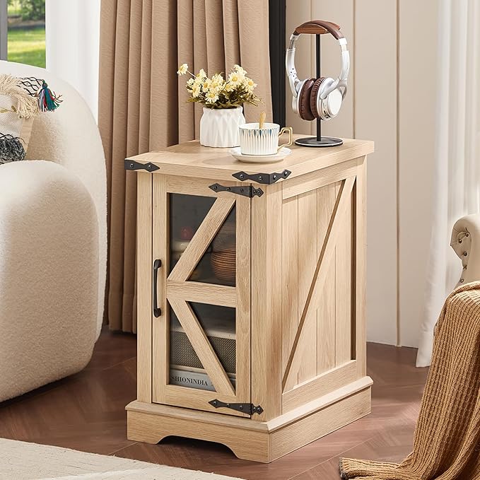 Narrow Night Stand Set 2, Farmhouse Side End Table with Glass Barn Door Storage, Bedside Tables, Nightstand Cabinet Organizer for Small Spaces Living Room Bedroom