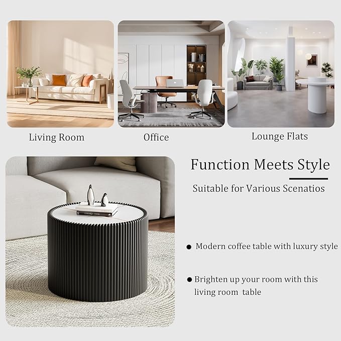 Round Living Room Table Set, 29.52" White Drum Center Table and 17.71" Black Coffee Table Set, 2 Pieces Coffee Table Set with Sintered Stone Tabletop, Fluted PU Leather Covered and StableBase