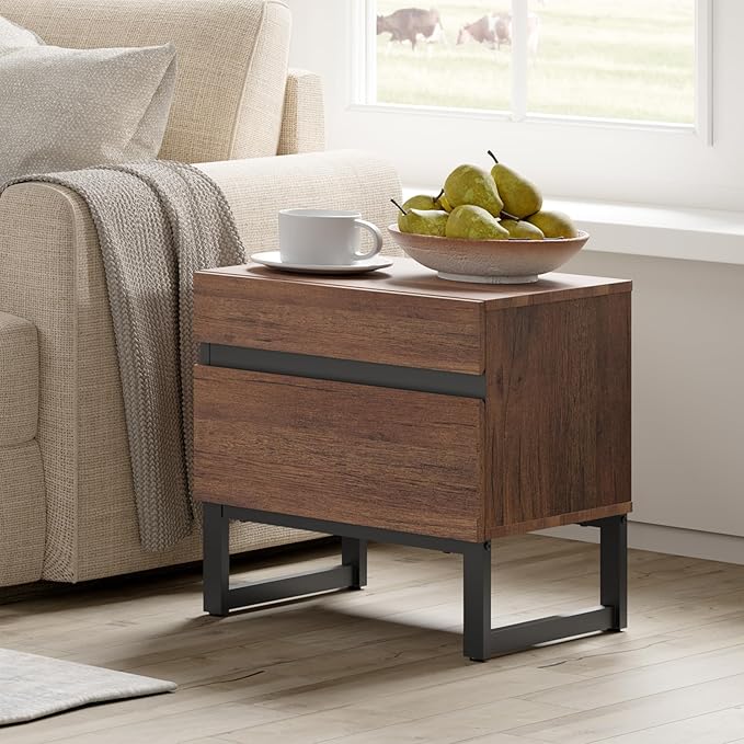 WAMPAT 2 Pack Modern End Table with 2 Drawers, Farmhouse Sofa Table with Black Square Iron Leg, Wood Rustic Side End Table for Living Room, Nighstand for Bedroom, Brown