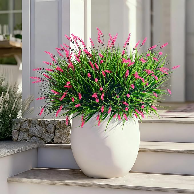12 Bundles Artificial Lavender Flowers Faux Plants for Outdoor Fake Monkey Grass with Flowers Realistic Faux Greenery Shrubs for Porch Planters Patio Garden Window Boxes Pathway Decor (Pink)