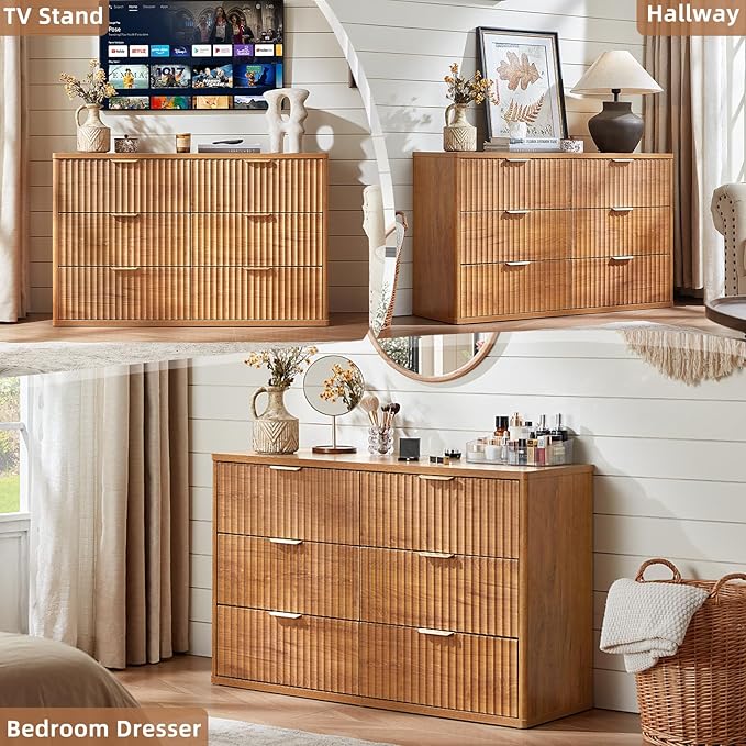 LEYAOYAO Fluted 6 Drawers Dresser Set of 2, 48" Wide Modern Chest of Drawers with Wood Grain Top, Curved Profile Design, Dresser TV Stand, Wooden Drawer Organizer for Bedroom, Living Room,Brown