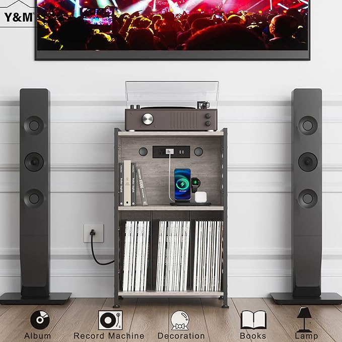 Y&M Record Player Stand, Vinyl Turntable Stand with Charging Station and USB Port, Record Display Table with Storage Cabinet, Turntable Holder, End Table, Nightstand for Bedroom, Living Room, Gray