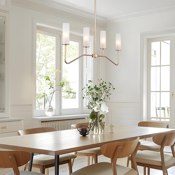 KSANA Gold Chandeliers for Dining Room, 4-Light Modern Pendant Light Fixtures, 32'' Linear Kitchen Island Lighting with Frosted Glass Shade