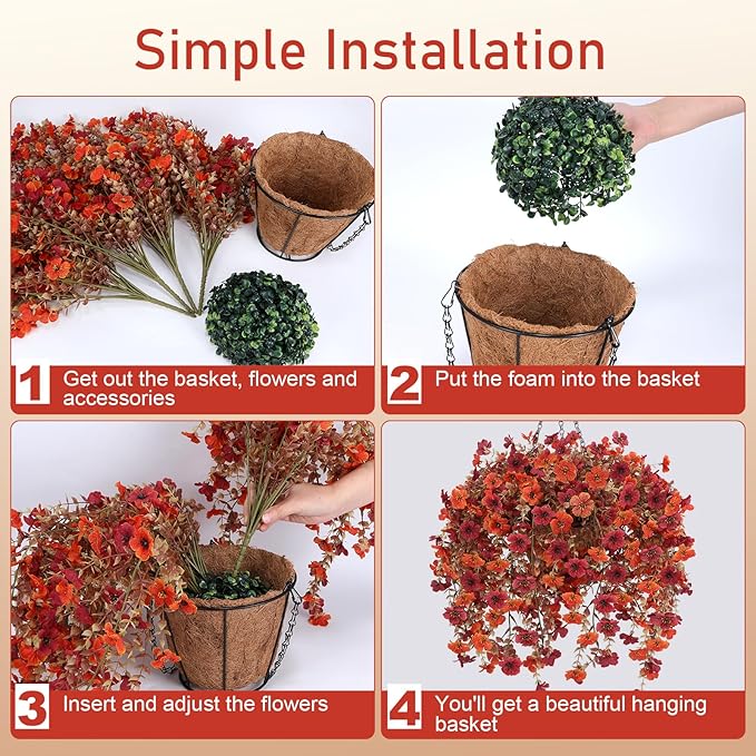 Artificial Flowers for Outdoors, 2 Set Faux Hanging Mums Baskets with Eucalyptus Vines, Realistic Fake Mums, Fall Flowers for Porch, Patio, Garden & Yard, Fall Outdoor Décor