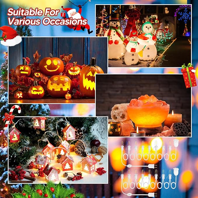 2Pack Accessory Cord with 16 LED Light Bulbs and Outlet Christmas Village Light 14.7FT White Cord with Spare Fuse Warm White C7 Lamp for Halloween Pumpkins Christmas Village Houses Craft Decoration
