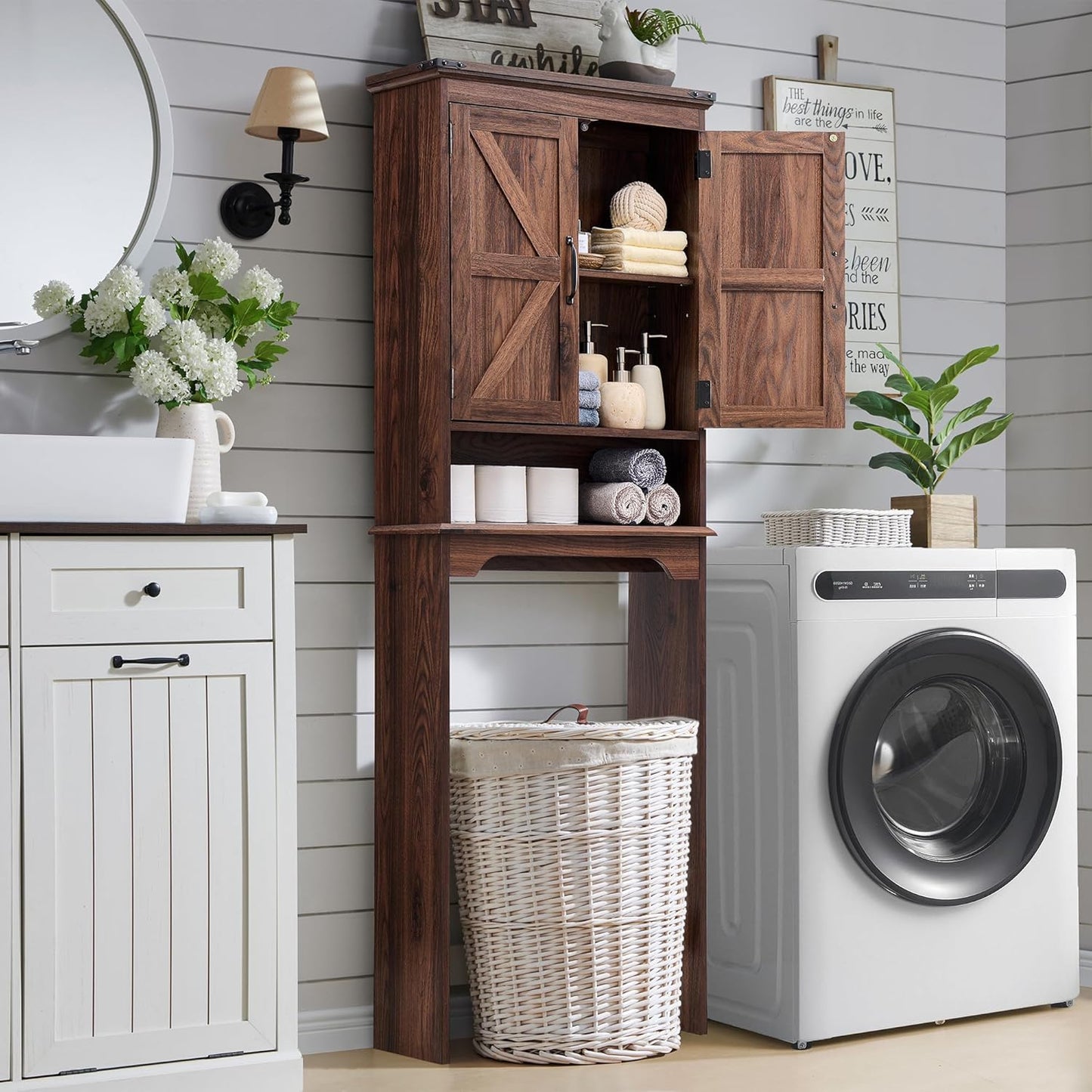 Over The Toilet Storage Cabinet, Farmhouse Bathroom Cabinet with Adjustable Shelf & Barn Door, 67" Tall Over The Toilet Shelf, Brown