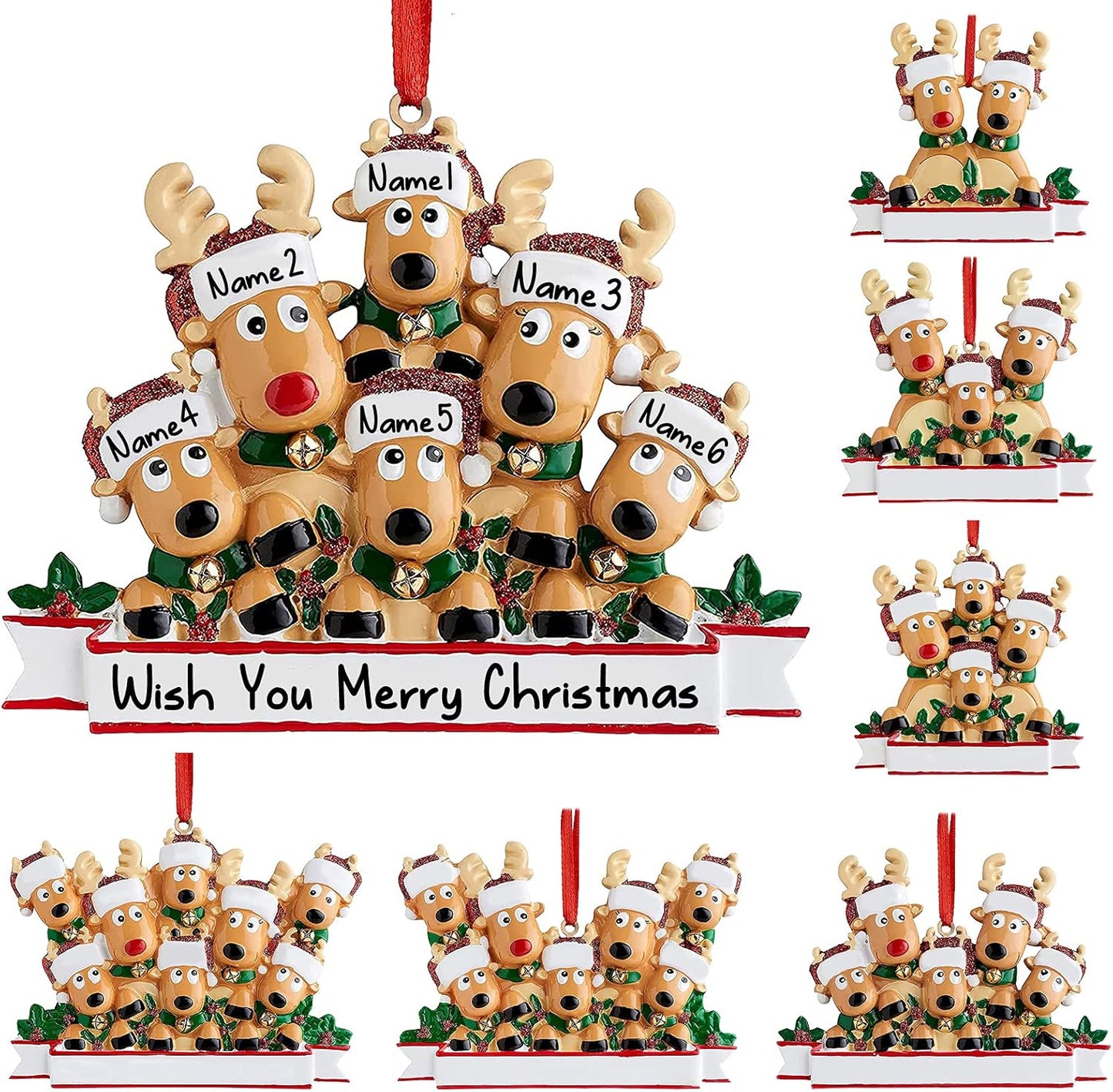 Personalized Deer Christmas Ornaments 2025 Family of 2,3,4,5,6,7,8 Custom Name Reindeer Xmas Ornament with Text,Customized Christmas Decoration Gifts - Family of 6