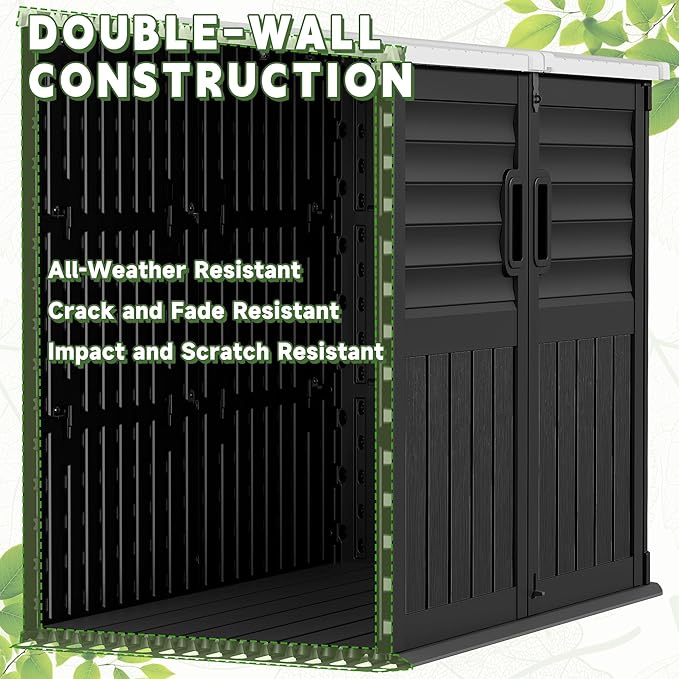 Devoko Resin Outdoor Storage Shed, 34 Cu Ft Outdoor Storage Cabinet with Shelf, Waterproof, Double Locks, Resin Storage for Trash Can, Garden Tools, Pool Supplies (Black)