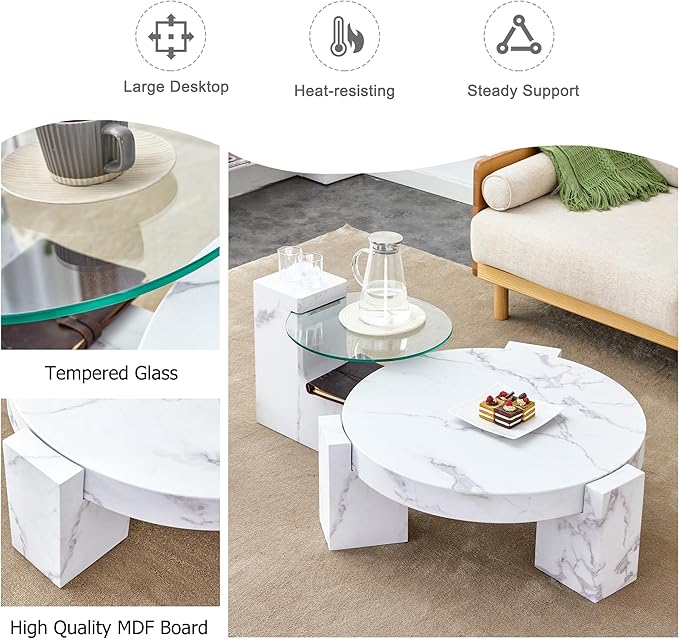Removable Double Coffee Table Set，Modern Round Wood Coffee Table for Living Room, Farmhouse Style Side Table, Flexible Design for Any Scenario (White)