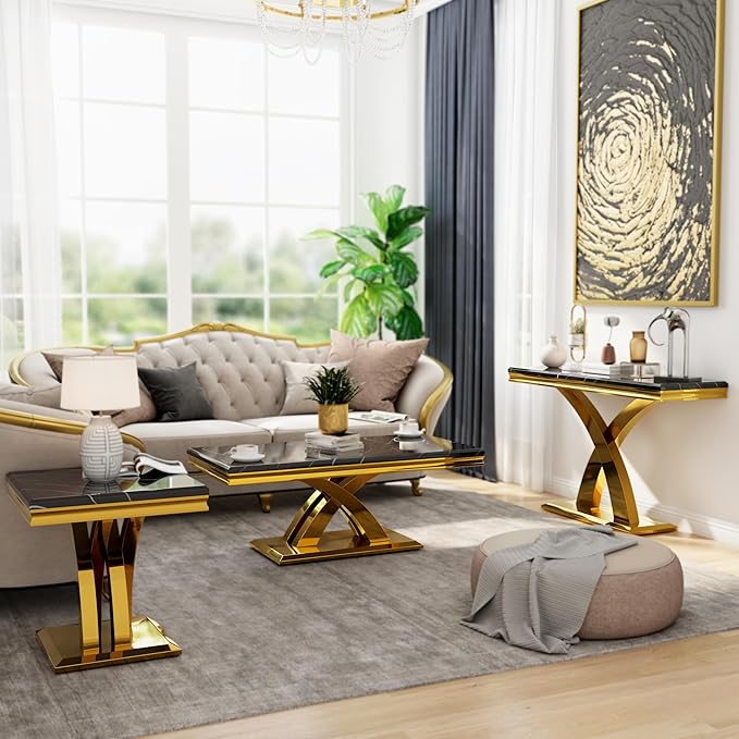 AUZ 4 Pieces Black Gold Living Room Table Set Coffee Table Set with X-Shape Design Polished Stainless Steel Frame