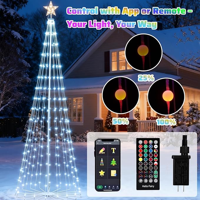 Outdoor LED Christmas Tree 12ft, 832 LED RGB Smart Christmas Tree with Music Sync, APP & Remote Control, DIY Multi-Color Light Show, Waterproof IP44 for Yard Lawn Patio Holiday Decorations