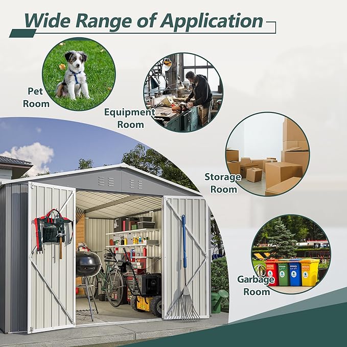 10x10 FT Outdoor Storage Shed, Large Metal Garden Shed with Lockable Hinged Doors, Outside Tool Shed with Sloped Roof & 4 Air Vents, Waterproof Storage Building for Backyard, Patio, Lawn, Gray