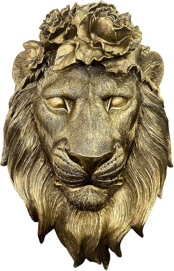 GUSFREUD Gold Lion Animal Head Wall Decor – Resin Lion Wall Sculpture, Vintage Gold Wall Art for Living Room, Bedroom, Office, Maximalist Home Decor