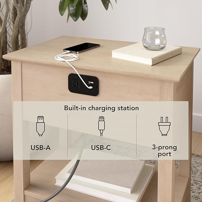 Bush Home Fluted Nightstand with Drawer, Bedroom Furniture, Camille Collection, Natural Birch Beige