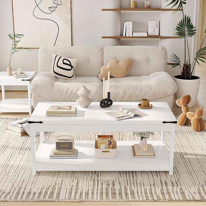 Homieasy Coffee Table with Storage Shelf, 43.3” Farmhouse Wood Coffee Tables for Living Room, Modern Center Tea Table, White