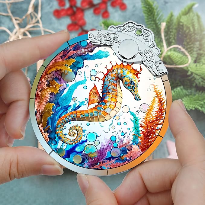 Stained Glass Christmas Ornament, Jocidea Seahorse Christmas Decorations, Christmas Tree Ornament, Seahorse Lovers Gifts, Holiday Decor and Xmas Gifts Ideas