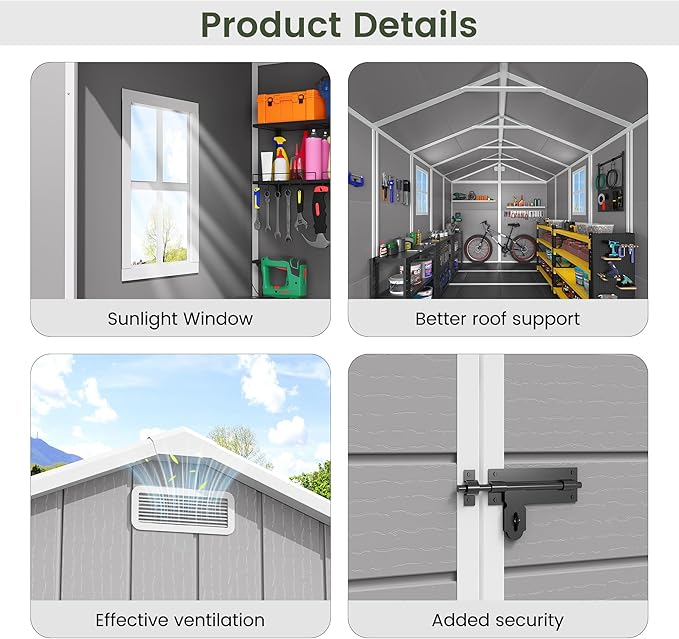Amopatio Outdoor Storage Shed with Floor, 8x10 FT Lockable Plastic Tool Shed with Ventilation, Waterproof Resin Garden Sheds for Backyard, Patio, Lawn and Bike Grey