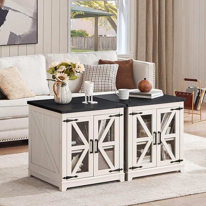 Farmhouse End Table,24" Large Sofa Side Table with Charging Station Glass Barn Door,Wood Nightstand with Adjustable Storage Shelf,Square Bedside Table for Living Room,Bedroom,Office-White