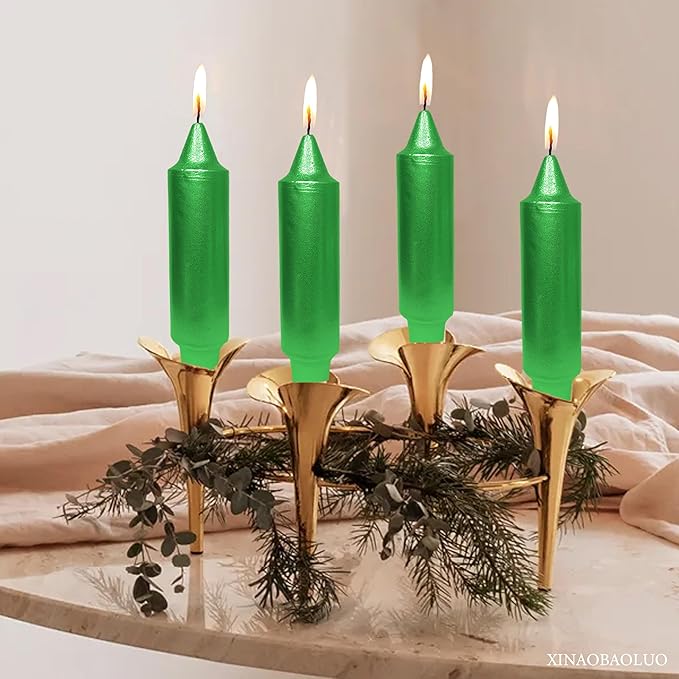 5 Inch Short Taper Candles Candle Sticks Handmade Set of 4 Smokeless Long Burning Dripless Tapered Candle for Wedding Christmas Home Decoration(Metal Green)