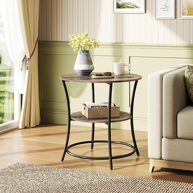 WLIVE Side Table, Round End Table with 2 Storage Shelves for Living Room, Bedroom, Nightstand with Steel Frame for Small Spaces, Accent Coffee Table, Greige