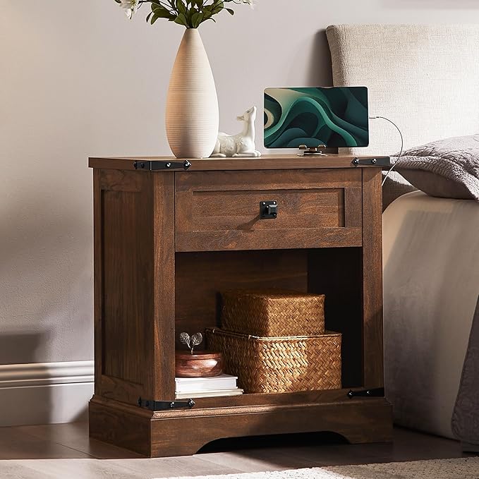 T4TREAM 24" Farmhouse Nightstand with Charging Station, Large End Table with Drawer and Open Storage Cabinet, Rustic Wood Bedside Table Sofa Table for Bedroom, Dark Walnut