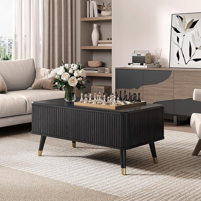 Lift Top Coffee Table with Storage, Mid Century Modern Walnut Fluted Coffee Table, Rectangular Wood Center Table with Rising Desktop & Open Shelf for Work from Home, Living Room, Black