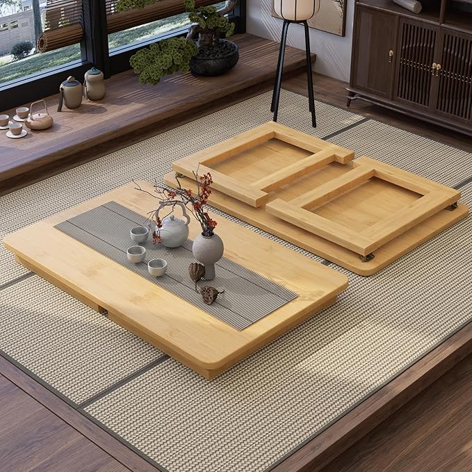 Japanese Floor Table, Bamboo Folding Coffee Table, Portable Solid Wood Japanese Tatami Tea Table Table, No Assembly Japanese Dining Table for Sitting on The Floor, Easy Storage (Natural)