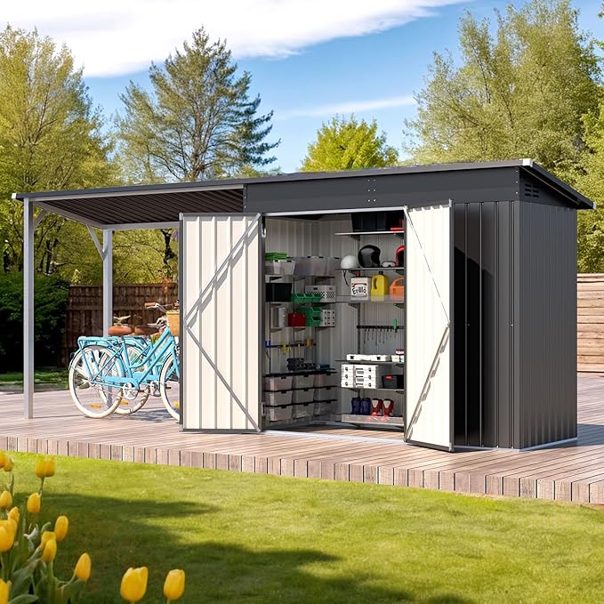 AECOJOY Outdoor Open-Sided Storage Shed Metal Shed, 8x4 Sheds & Outdoor Storage with 56 Sq. Ft Covered, 4'x8' 2-in-1 Tool Shed with Attached Hardtop Metal 6‘x4’ Gazebo