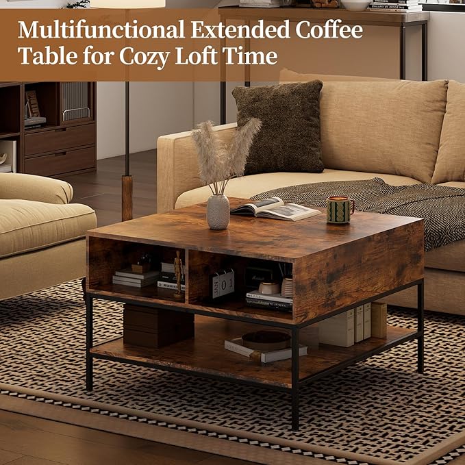 AQY 31.5" Flip Top Coffee Table with Storage, Square Coffee Tables for Living Room, Modern Farmhouse Heavy Duty Coffee Table with Large Hidden Compartment and Storage Shelves,Assembly Required