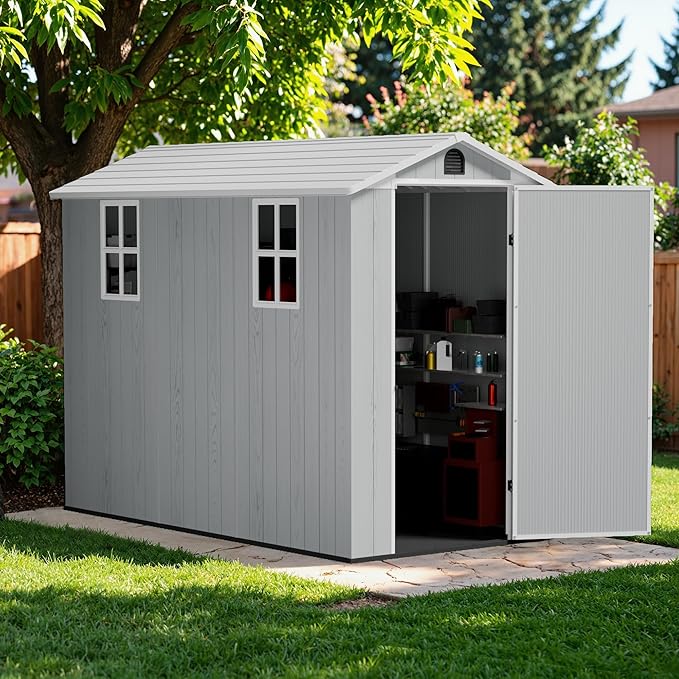 Greesum 4x8FT Plastic Storage Shed with Floor, Resin Outdoor Storaged Sheds with Lockable Door, All Weather Durable Tool Shed with Window and Vent, for Garden, Backyard, Patio, Light Gray