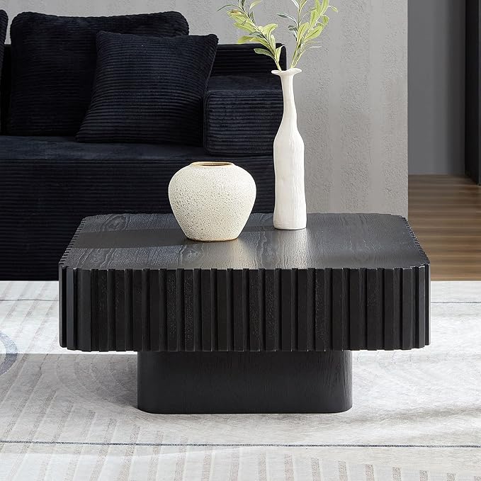 31.5" Square Coffee Table with Sturdy Base, Modern Luxury Wood Drum Center Tables,Small Wooden Accent with MDF, for Living Room, Minimalist Fluted Design-Black