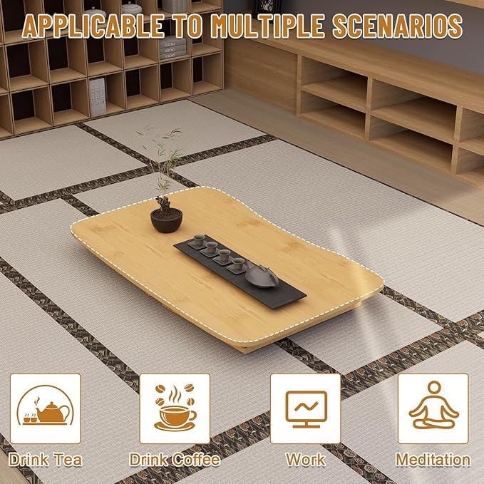 Japanese Folding Coffee Table,Bamboo Foldable Floor Low Table, Meditation Tea Table for Sitting On The Floor Suitable for Tatami Living Room Bay Window, No Assembly Required (Wood Color)