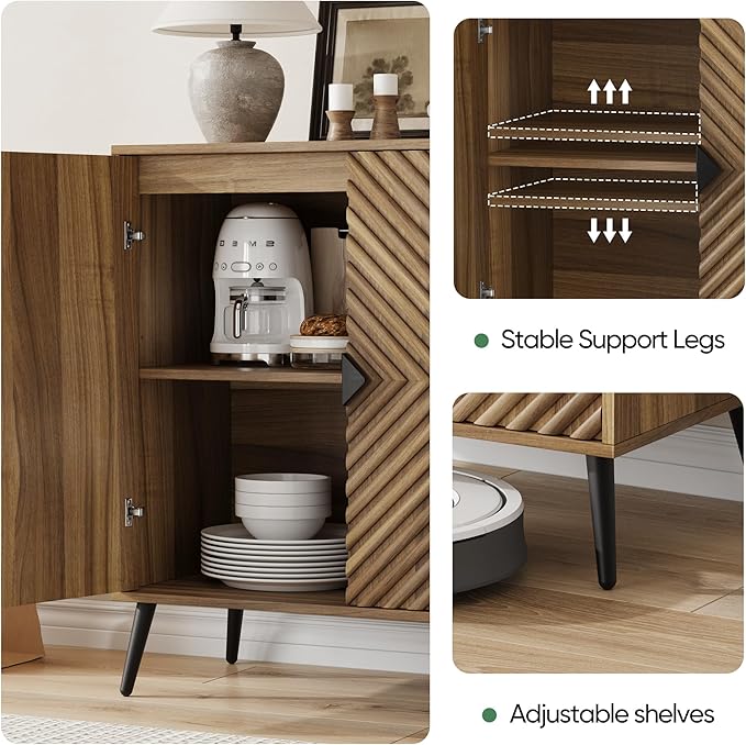 Sideboard Cabinet with Adjustable Shelf, Freestanding Walnut Small Buffet with Storage, Wooden Console Cabinet with Diamond Parquetry Doors for Living Room, Entryway, Console