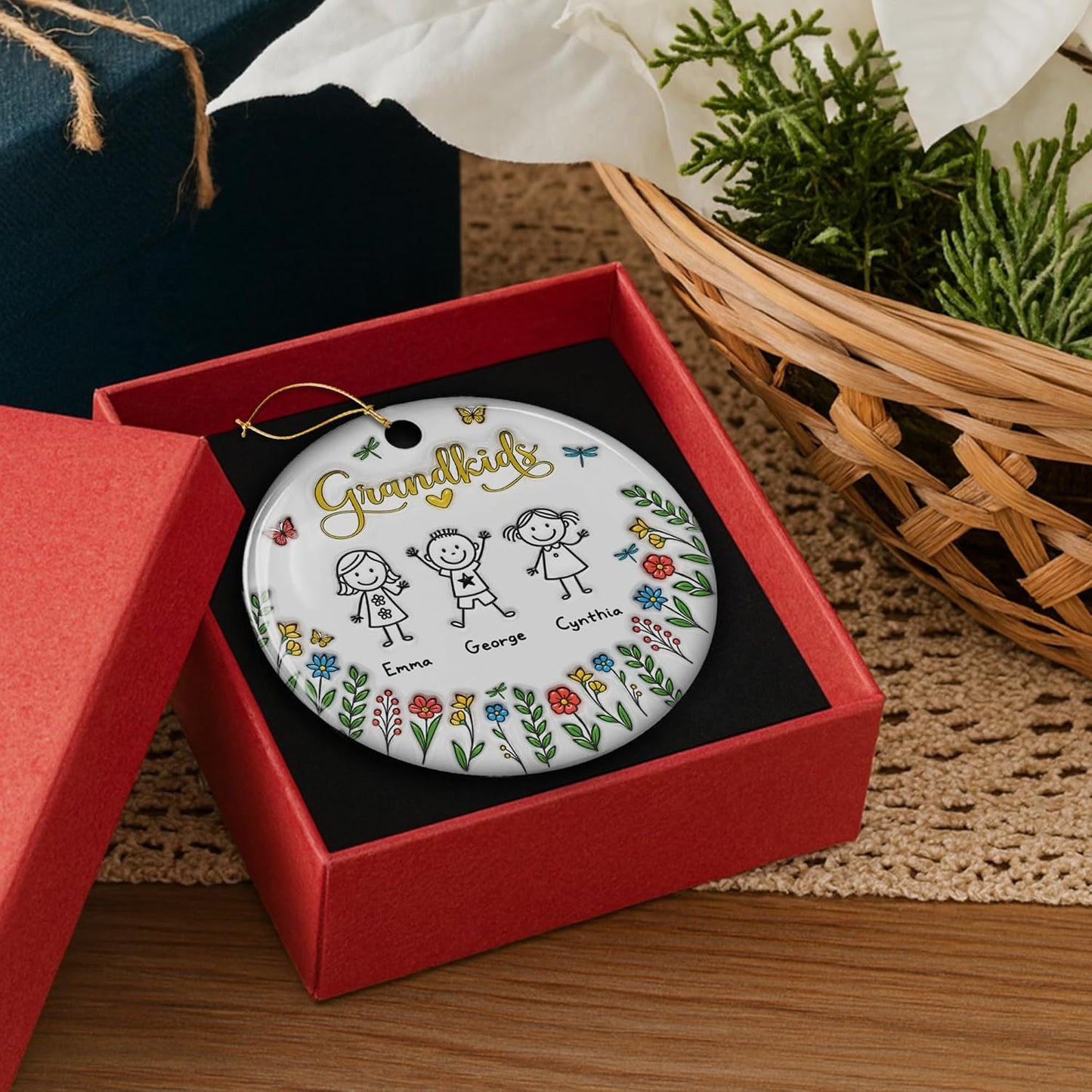 Grandkids Personalized Ceramic Ornament – Grandkids Christmas Ornament, Custom Holiday Keepsake, Family Tree Gift