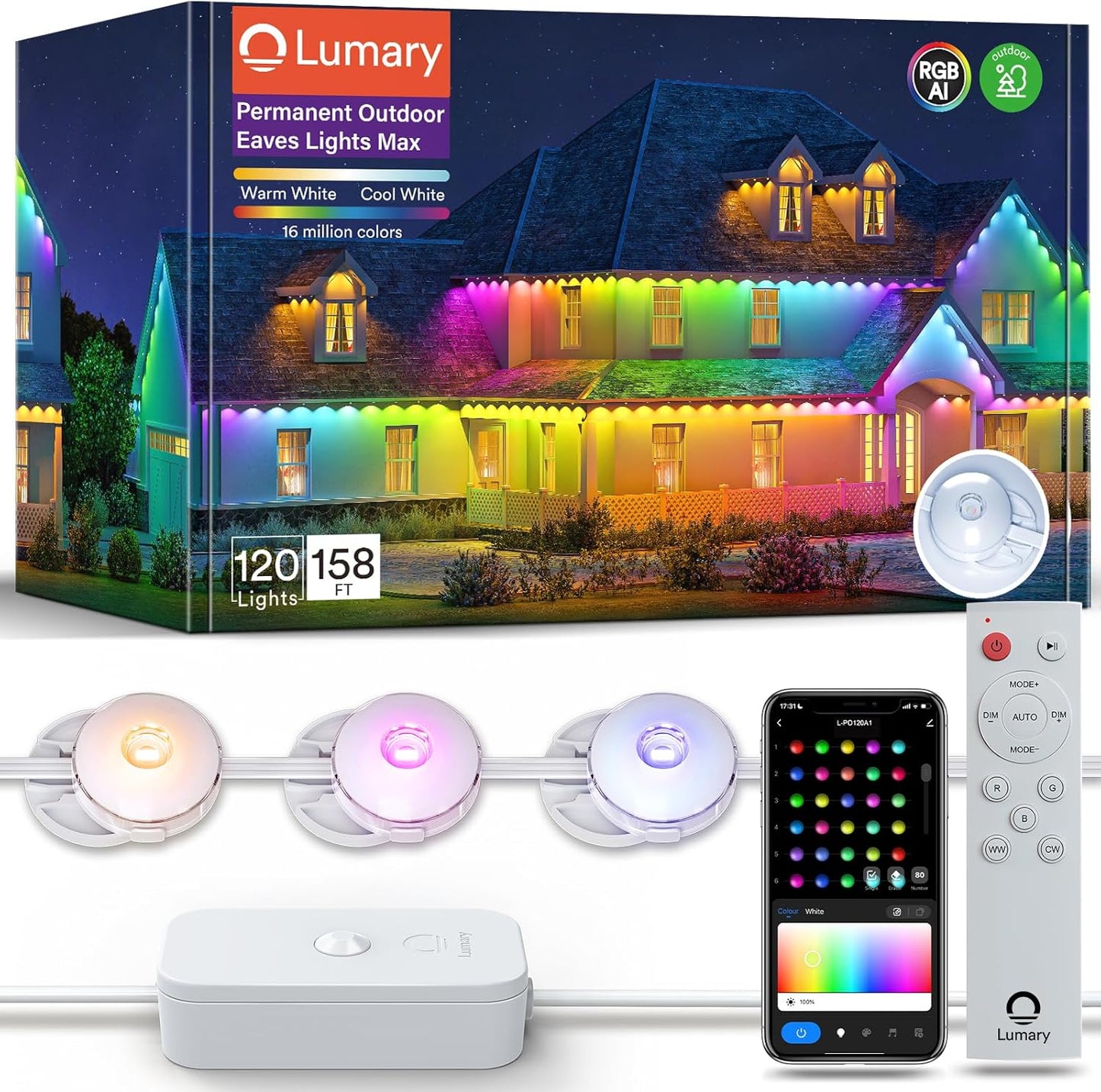Lumary Permanent Outdoor Lights Max 158ft with 120 LED Eave Lights RGBAICW 7200lm, IP67 Waterproof, IC Control and Scene Modes for Halloween Christmas Decoration, Works with Alexa and Google Assistant