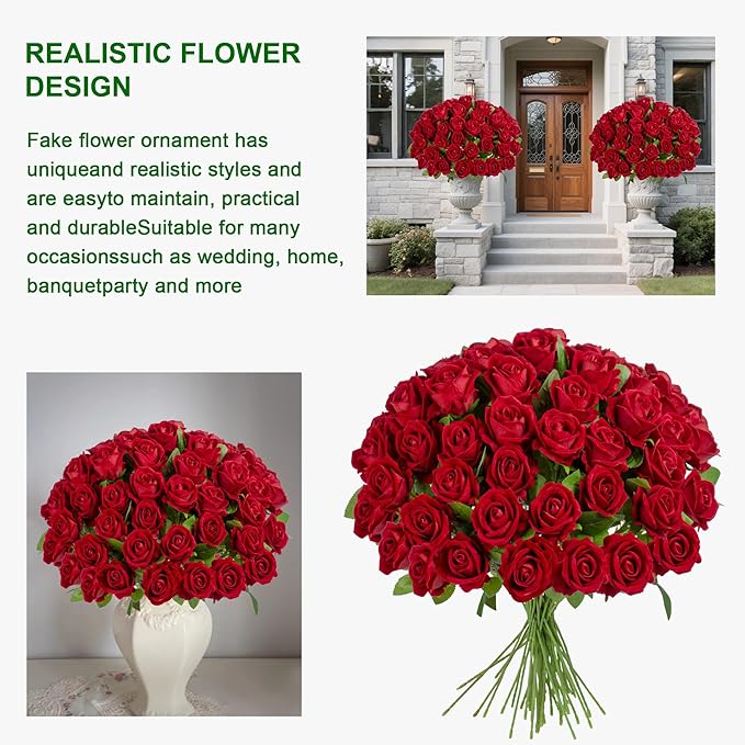 Artificial Flowers Roses Touch Fake Rose Bouquet Flower Stem for Wedding Centerpieces DIY Wreath Home Decorations Silk Roses Mothers Party Fake Outdoor Flowers Decor 19.6"(Red 100PCS)