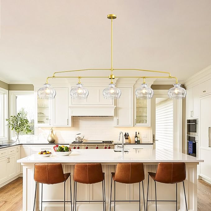 Industrial Modern 5 Light Chandelier Gold Rustic Linear Pendant Light Minimalist Country Luxury Chandeliers Adjustable Height with Glass Lampshade for Dining Room Island Living Room Foyer (5 Light)