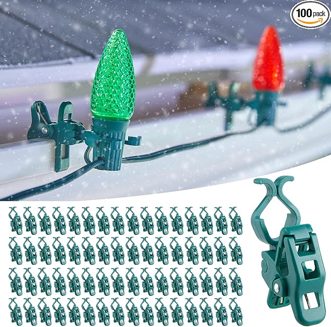 Minetom C7 C9 Christmas Light Clips Outdoor, 100 Count Universal Quick Christmas Light Spring Clips for Outside Roof Gutter Shingle Fence E12 E17 Base